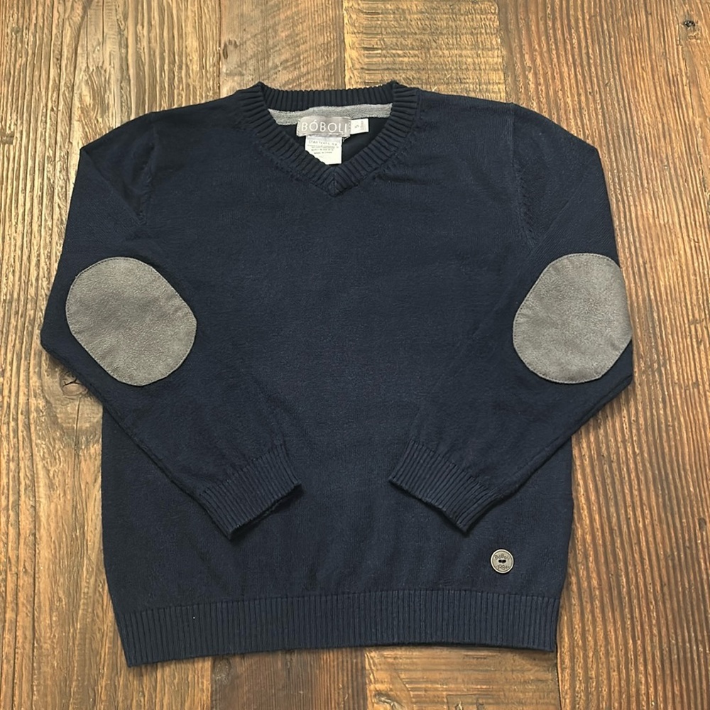 Boboli Navy Blue V- Neck Sweater with Grey Suede Elbow Patches / Boys 5
